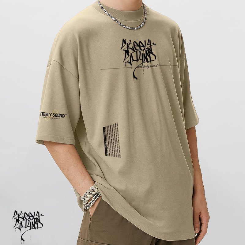 TAGGED25 STEELY SOUND - Beige Oversized Tee