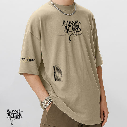 TAGGED25 STEELY SOUND - Beige Oversized Tee